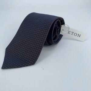 Eton Tie Men One Size Navy Brown Patterned Silk Classic Necktie England Made NWT